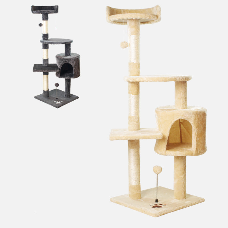 Three cat trees in different colors on a white background