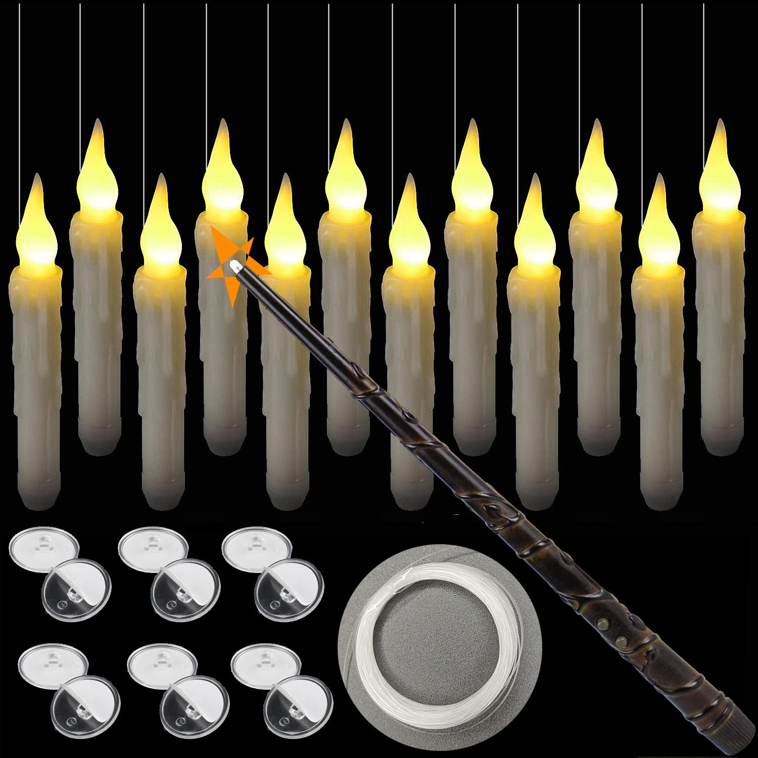Set of LED candles with a wand and candle holders on a black background