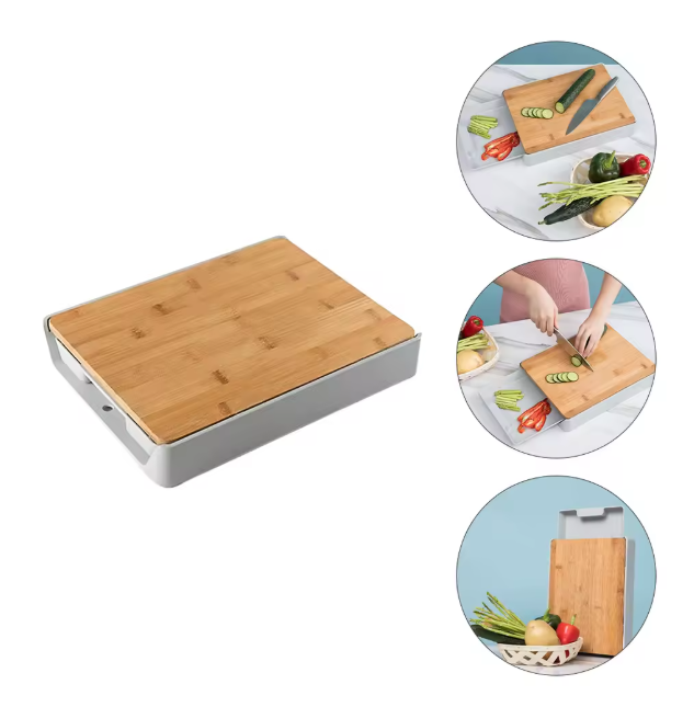 Bamboo Cutting Board With Drawer with white base, shown with inset images of use.