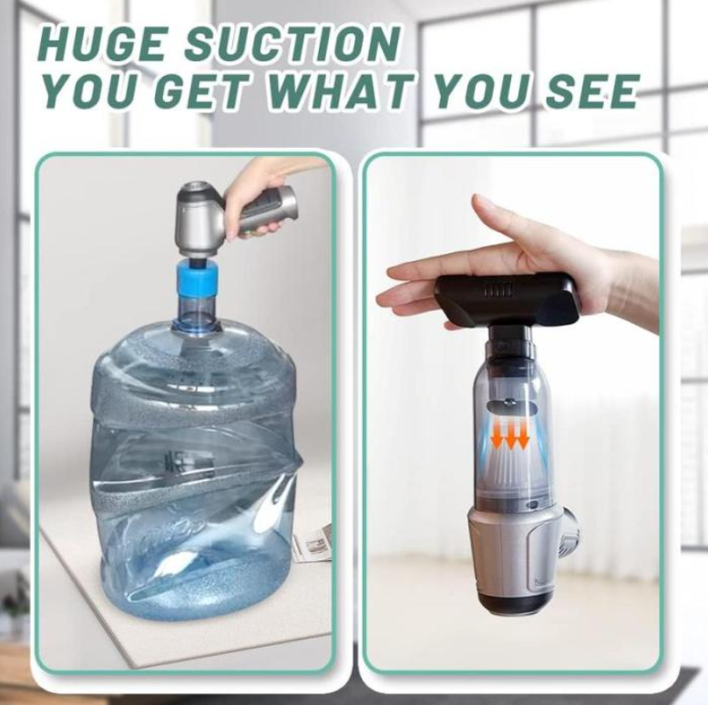 Handheld vacuum cleaner being used to clean a water bottle and a surface.