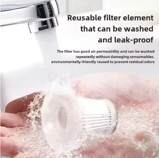 Reusable filter element being washed with text highlighting its features