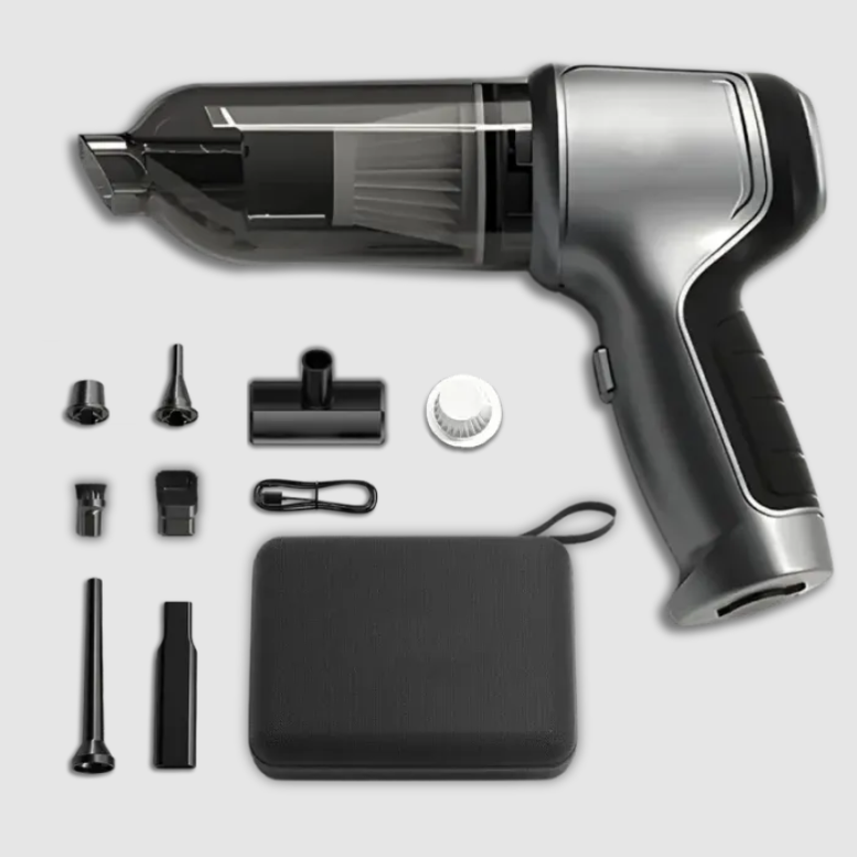 Black handheld vacuum cleaner with attachments on a light gray background